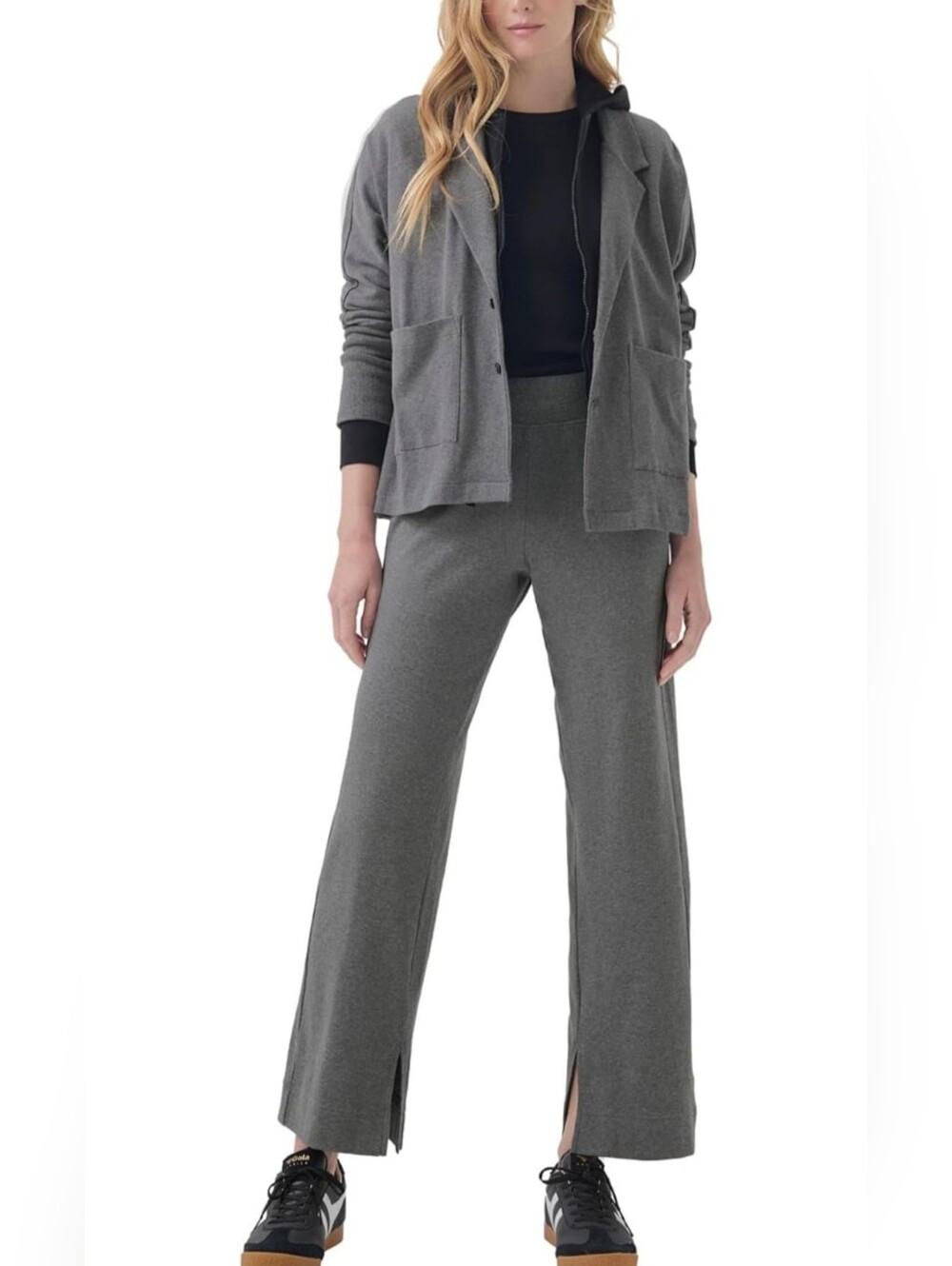 Pact Organic Cotton  Relaxed Gray Wide-Leg Knit Pants with Front Slits-Size L